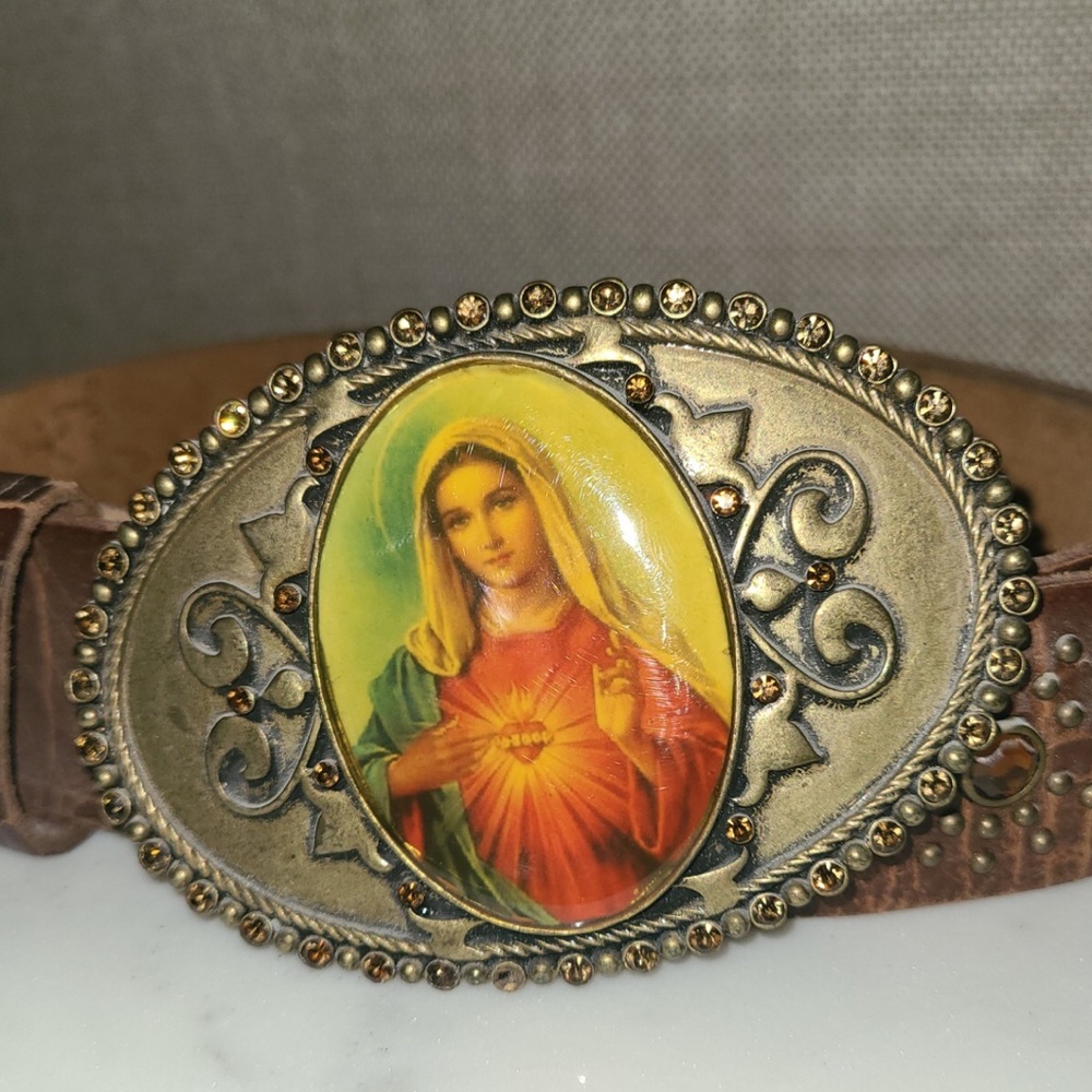 Vintage Leather Studded Belt & Ornate Rhinestone~Immaculate Heart Buckle~Lg/Xl.